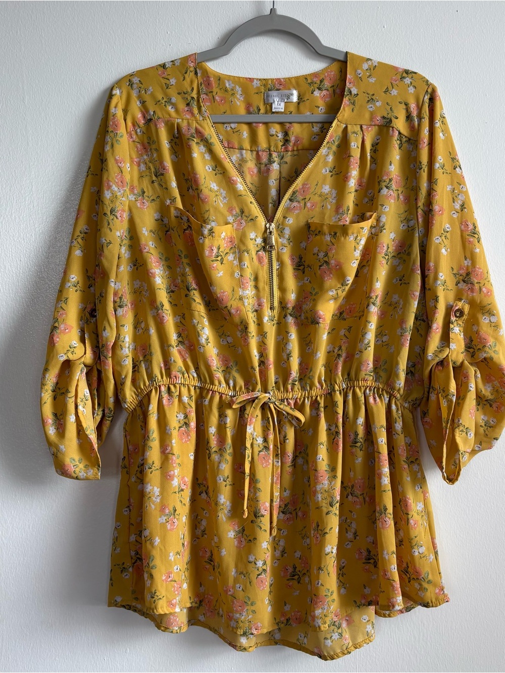 Orange Kiss Yellow Floral Peplum V-Neck 3/4 Sleeve Drawstring Blouse 1X